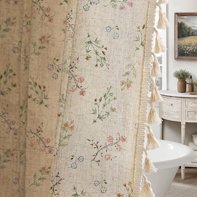 Floral Farmhouse Vintage Linen Shower Curtain, French Country Spring Shower Curtains for Bathroom with Tassels, 72Wx72H