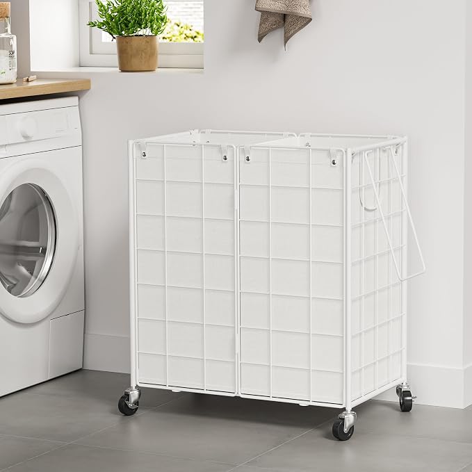 WOWLIVE Double Laundry Hamper with Wheels, Metal Rolling Laundry Basket | Wire Frame Hamper with 2 Removable Bags, 120L Dirty Clothes Hamper Organizer Dorm Room Storage for Bedroom, White