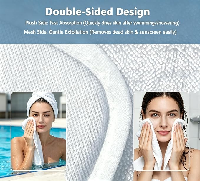 White Dual-Sided Microfiber Bath Towel, 2 Pack 48"x24" Ultra Absorbent Quick Dry Pool Towel, Exfoliating Body Cloth for Dead Skin & Sunscreen Removal, Lint-Free Reusable Shower Towel for Pool, Beach