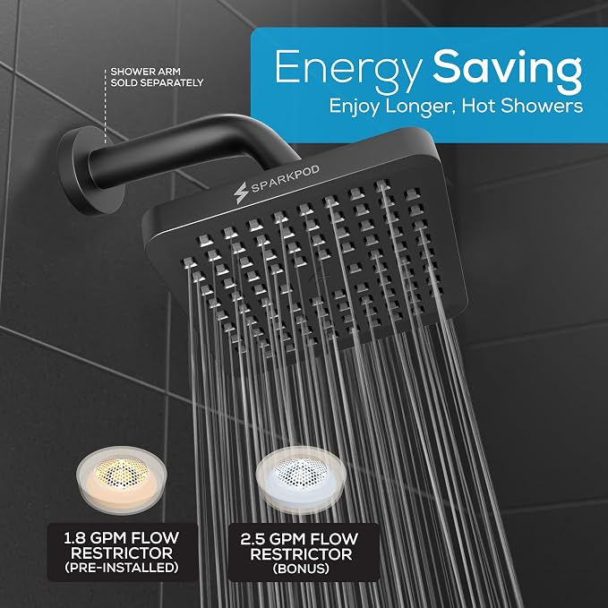 SparkPod Rain Shower Head, 6 Inch Square, Midnight Black Matte Finish | High Pressure Shower Heads, 90 Nozzles, Adjustable Showerhead, No Tools Needed, Universal Connection