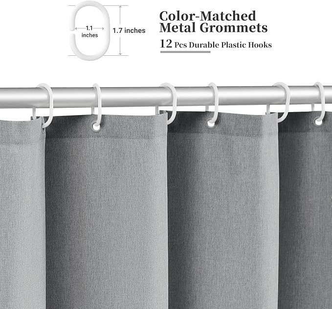72x80 Boho Scalloped Linen Textured Cloth Shower Curtain, Grey/Gray | Long Size, 230GSM Waterproof Polyester, Heavy Duty Fabric, 12 Plastic Hooks, Elegant Modern Farmhouse Style, Machine Washable