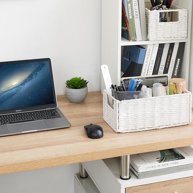 Wicker Storage Basket, Set of 2 Hand-Woven Paper Rope Wicker Basket, Small Storage Baskets for Organizing Toilet Paper Basket, Foldable Large Cube Storage Organizer Bins for Shelves (White)