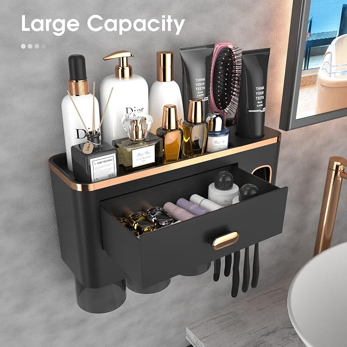 iHave Toothbrush Holders Bathrooms Wall Mount Toothpaste Dispenser & 3 Cups | Luxury White & Gold Bathroom Decor:3 Cups, 6 Slots, Toothpaste Dispenser, Large Tray & Drawer Wall Mount Toothbrush Organizer