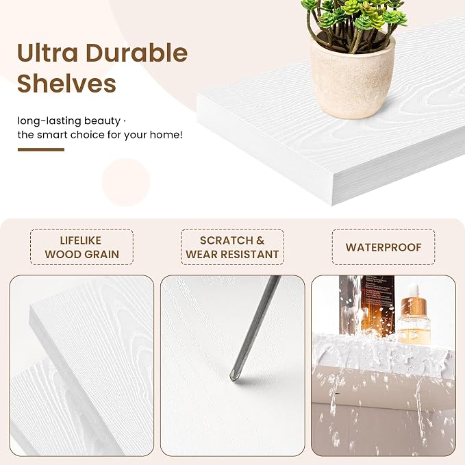 Marsmiles 72in Floating Shelves for Wall, 72" W x 9.25" D x 1.5" H, White | Long Wall Mounted Engineered Wood Shelves for Wall with Invisible Brackets for Living Room, Bedroom, Bathroom, Kitchen