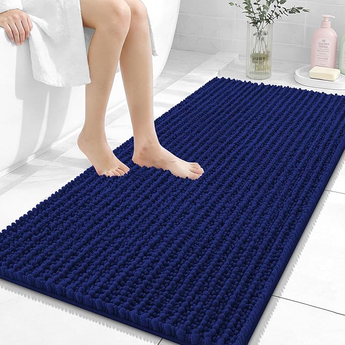 OLANLY Bathroom Runner Rugs 47x24, Thick Soft Absorbent Chenille Bath Rugs | Navy Blue, Quick-Drying Rubber Backing, Long Shaggy Bath Mat, Washable for Floor, Tub and Shower, Home Decor Accessories