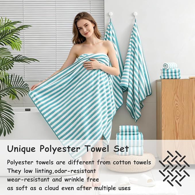 8 Pcs Turquoise Large Cabana Stripe Bath Towel Set Oversized Jumbo Towels | 2 Extra Large Bath Sheets,2 Hand Towels,4 Washcloths for Bathroom Soft Highly Absorbent Towels for Beach Chair Hotel