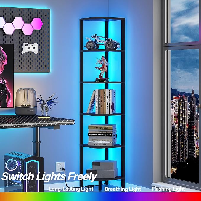 TUTOTAK Corner Shelf with LED Light, 6-Tier Corner Bookshelf | for Small Space, Narrow Display Corner Shelf Stand with Storage Rack, for Living Room, Bedroom, Black BS08BK006L