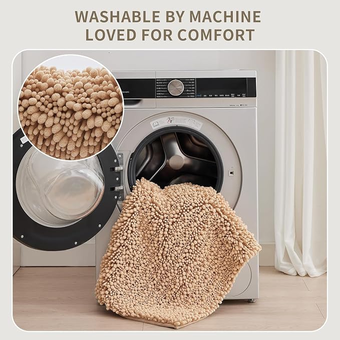 Bathroom Rugs Non Slip Washable 36x24, Extra Thick Soft Chenille Absorbent Bath Mat, High Density Barrier Non Slip Backing, Quick Dry Plush Shaggy Floor Carpet for Tub&Shower, Beige
