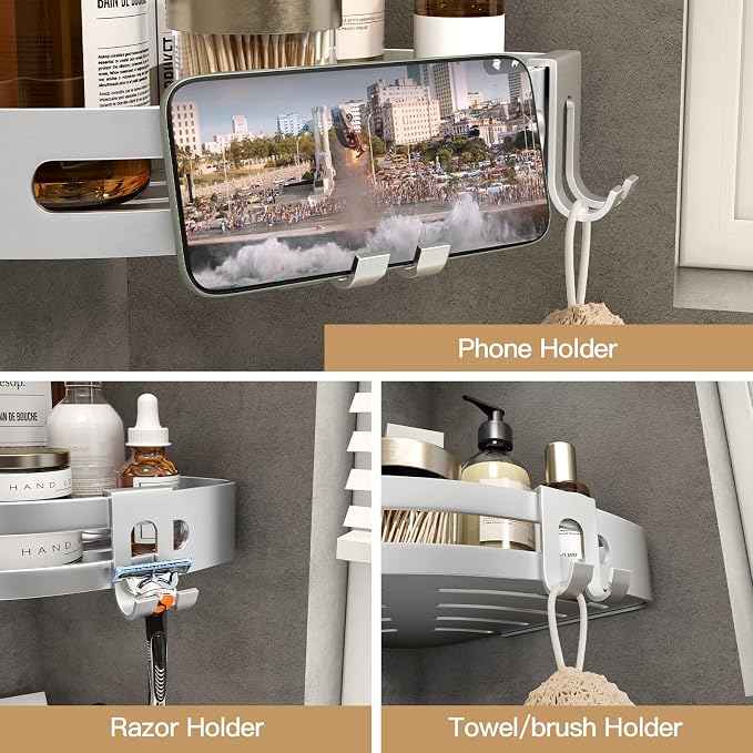Corner Shower Caddy with Razor Holder Adhesive Shower Shelf Corner No Drilling Corner Shower Organizer Storage Rack Shampoo Holder Wall Mount (3-Pack, Silver)