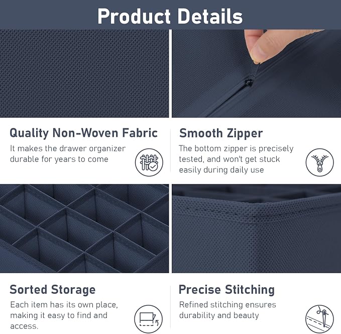 Joyoldelf Sock Drawer Organizer Divider 4 Packs Underwear Organizer, 2 x 24 Cell + 2 x 16 Cell Closet Organizers and Storage Sock Holders for Storing Socks, Handkerchiefs, Ties, Belts (Navy Blue)