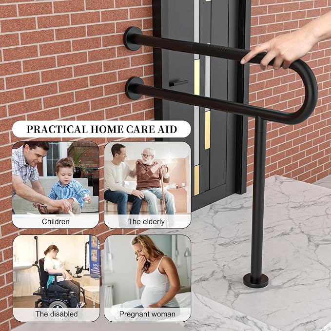 Toilet Support Rail 32 Inch, Munzong Black Handicap Grab Bar Seniors | Anti-Slip Stainless Steel Knurled Safety Handrails with Leg for Elderly Bathroom Disabled Pregnant-1.25’Tube