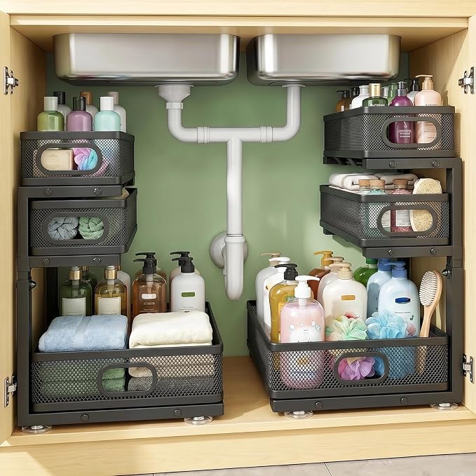 Under Sink Organizer, 2-Pack 3-tier Under Sink Storage Organizer Adjustable Height Easy Assembly Pull Out Cabinet Organizers Basket for Bathroom Kitchen Pantry Home Organization