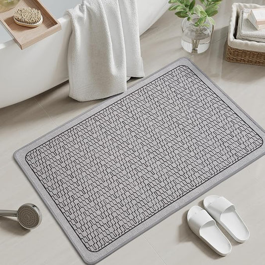 Non Slip Bath Mat, Thin Bathroom Rugs Fit Under Door, Grey 24x35 | Quick Dry Absorbent, Rubber Backing Washable Bathmat, Shower Mat for Bathroom Floor, Tub and Outside Shower, Home Decor