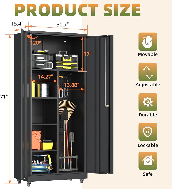 71''H Metal Garage Storage Cabinet with Wheels, Broom Cabinet with Lock | Rolling Tool Storage Cabinet, Steel Tool Cabinet with 2 Doors and Shelves for Garage, Warehouse, Assembly Required, Black