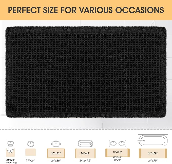 Waffle Bath Mat Black 32"x20", Boho Woven Modern Bath Mat Rugs, Absorbent Non Slip Bathroom Rugs, Soft Washable Bath Rugs with Tassels for Bathroom, Bedroom, Kitchen, Shower, Tub