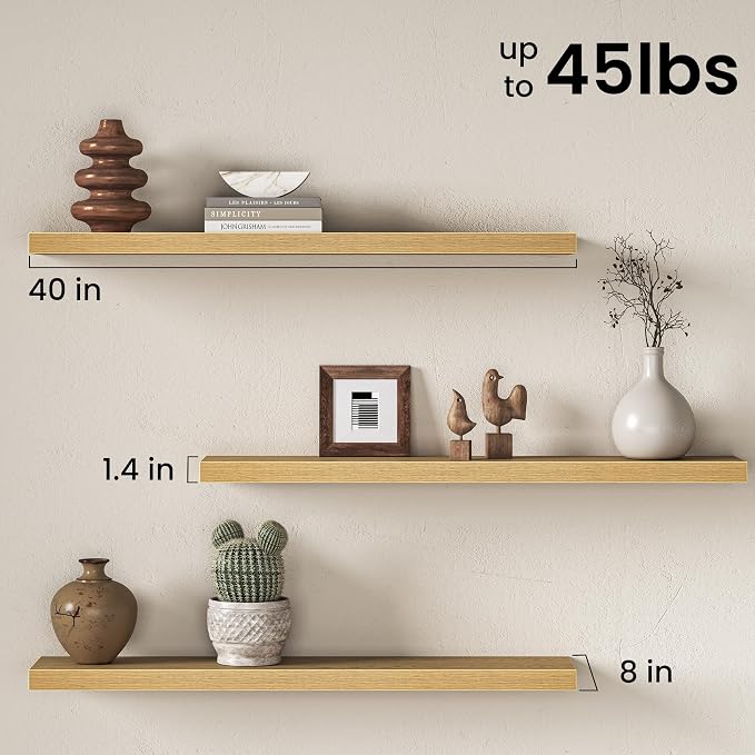 Fun Memories 40" Floating Shelves for Wall, 8 Inch Deep Floating Shelf for Books, Deep Bathroom Shelves Wall Mounted, Rustic Display Shelf for Kitchen, Bedroom, Living Room, Oak Color, 2 Pack