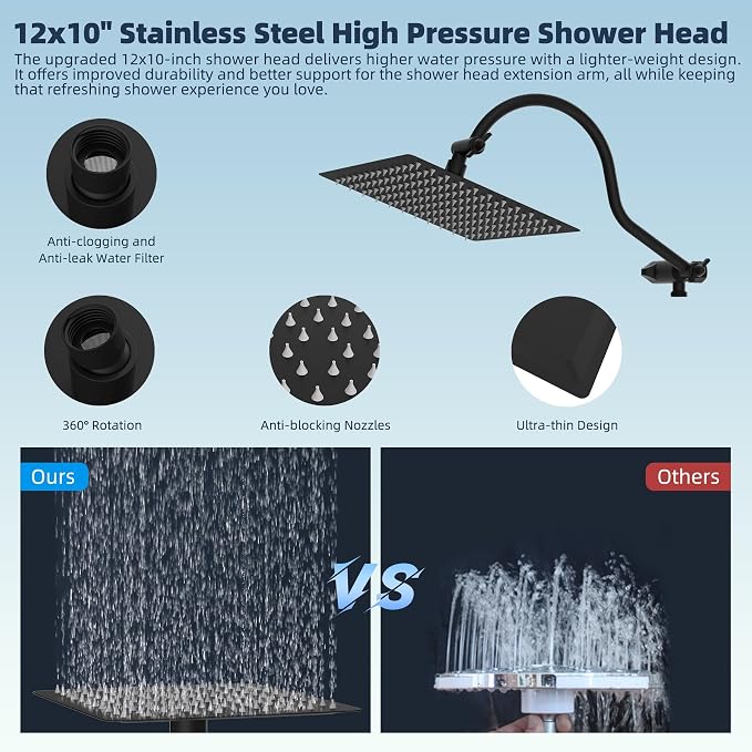 Hibbent 12'' All Metal CUPC Certified Shower Head, High Pressure Rainfall Shower Head, Handheld Showerhead Combo, 12'' Adjustable Extension Arm, 10-Spray, 71'' Hose, Showerhead Holder, Matte Black