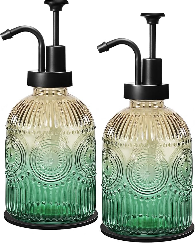 Amolliar 12 Oz Glass Soap Dispenser with Plastic Pump,Green-Gradient,2 Pack | Antique Rustic Hand Liquid Bottle for Bathroom/Kitchen, Vintage/Farmhouse/Boho Style, Pump Dispenser, Refillable