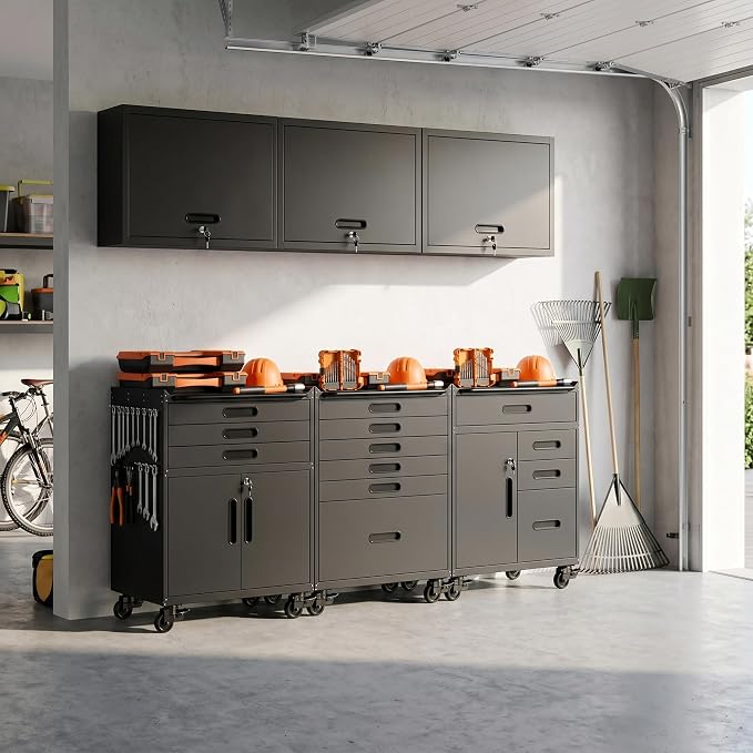 Garage Storage Cabinet System,Wall Cabinet & Locking Rolling Tool Cabinet with Doors and Adjustable Shelves