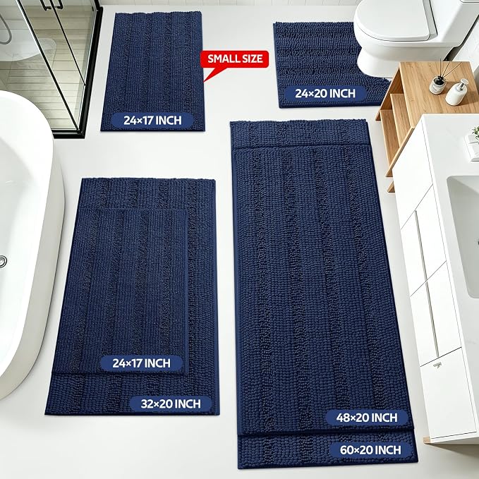 Striped Navy Blue Bathroom Rug Mat Set 2 piece 24"x17"+48"x20" Ultra Soft, Non Slip Chenille Bath Rugs, Absorbent Plush Shaggy Bath Mats for Bathroom, Bedroom, Kitchen, Shower, Tub
