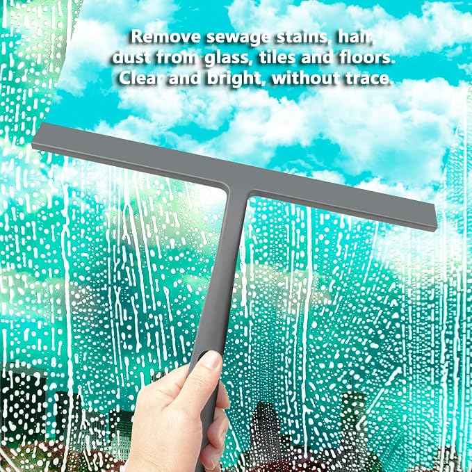 14 Inch Silicone Shower Squeegee for Glass Doors with Hook - Streak-Free Window Cleaner for Bathroom, Mirror, Tile & Car, No Scratch Squeegee with Metal Core (Gray