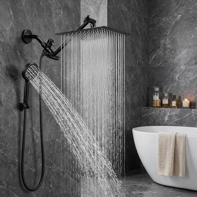 Shower Head, 8'' High Pressure Rainfall/Handheld Shower Combo, Matte Black | 9 Settings, Anti-leak Shower Head with 11'' Extension Arm, Holder, Hose, Height/Angle Adjustable Shower, 1.75GPM