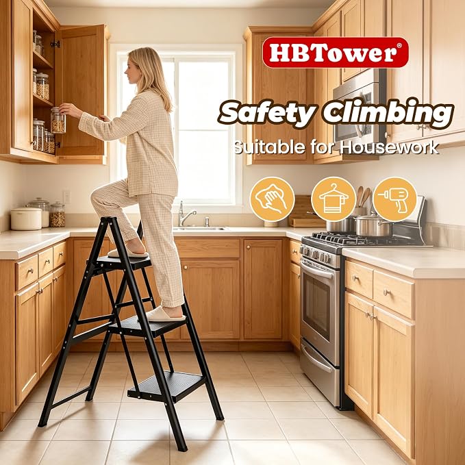 HBTower 3 Step Ladder, Lightweight Aluminum Folding Step Stool | Anti-Slip Wide Pedal, 330lbs Capacity Step Ladder for Household Kitchen Office, Black