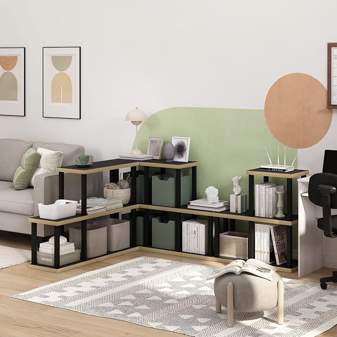 Furinno TURN-N-TUBE Ladder Storage Shelves, 3-Cube Book Shelf, Accent Display Shelf, Toolless Open Shelves, Square Tubes, for Organization and Storage, Living Room, Garage, Home Office, Dark Americano
