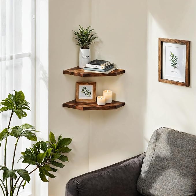 Demigo Corner Shelf Wall Mount, 2-Pack Acacia Wood Floating Corner Shelves | 11.8 x 16.5 in Wall Mounted Triangle Shelves for Bedroom, Living Room, Bathroom & Kitchen, Durable Storage Display Decor