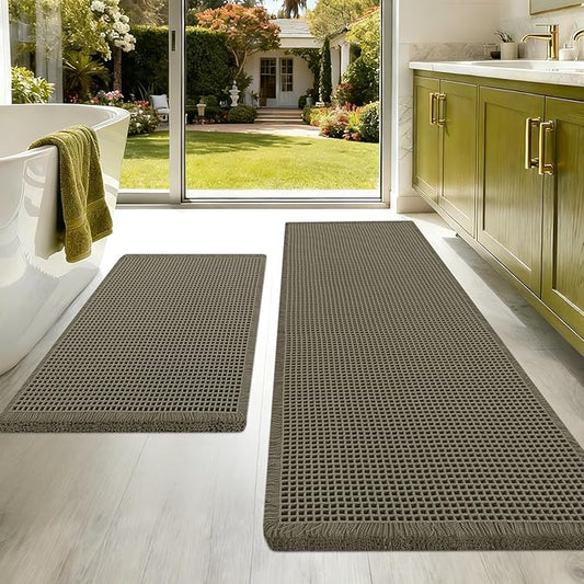 Upgraded Waffle Bath Mat Set 2 Piece Greyish Green, Super Absorbent Non-Slip Quick Dry Bathroom Rugs with Tassels, Machine Washable Ultra Soft Boho Bath Rugs for Floor, Bath Mats Boho Farmhouse Decor