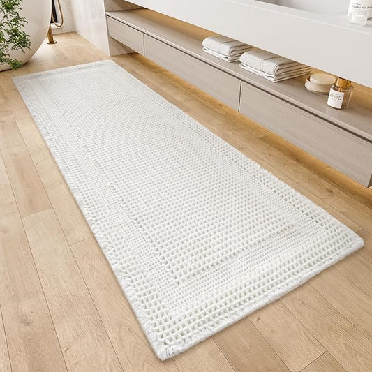 AMOAMI Waffle Bath-Mat, Absorbent Bath Mats for Bathroom Non Slip, Machine Washable Bathroom Rugs with Tassels Ultra Soft Boho Bath Rugs for Floor 2'x6'(24"x72") White