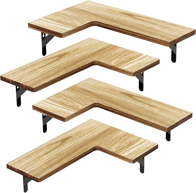Amada Corner Floating Shelves, Paulownia Wood, Set of 4, Natural Wood | Corner Wall Shelves with Triangular Metal Bracket, 44 lbs Capacity per Shelf, L-Shaped Design for Bathroom, Laundry Room