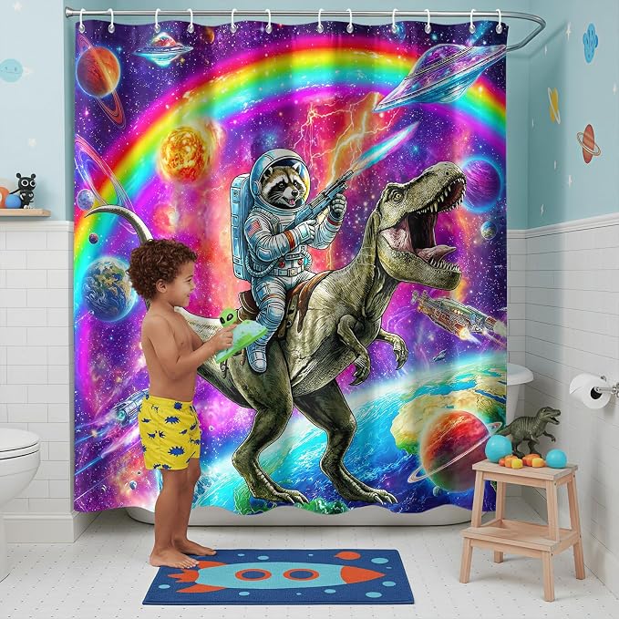 Accnicc Space Raccoon Dinosaur Shower Curtain for Bathroom 72 X 72 Inch | Funny Cool Animal Dino Shower Curtains, Fantasy Galaxy Kids Bathroom Curtain Decor, Water-Resistant Washable Polyester Fabric