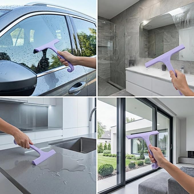 Silicone Shower Squeegee - All-in-One Design with Built-in Hook, 10 Inch Streak-Free Bathroom and car Cleaner for Glass Doors, Mirrors, Windows, Tiles Purple