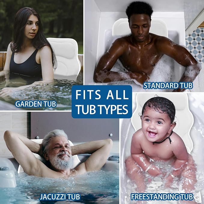 Poemland Full Body Bath Pillow for Tub - Extra Long & Thick Tub Pillow | Head, Back & Lumbar Support, 168 Non-Slip Suction Cups, Soft 5D Mesh Spa Cushion, Fits All Tubs-Gift for Soaking(White)