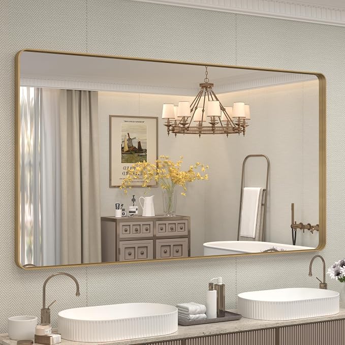 66x40 Inch Gold Framed Mirror for Bathroom | Brushed Gold Brass Frame, Rectangle Gold Vanity Mirror for Wall, Shatterproof, Anti-Rust, Hangs Horizontally or Vertically