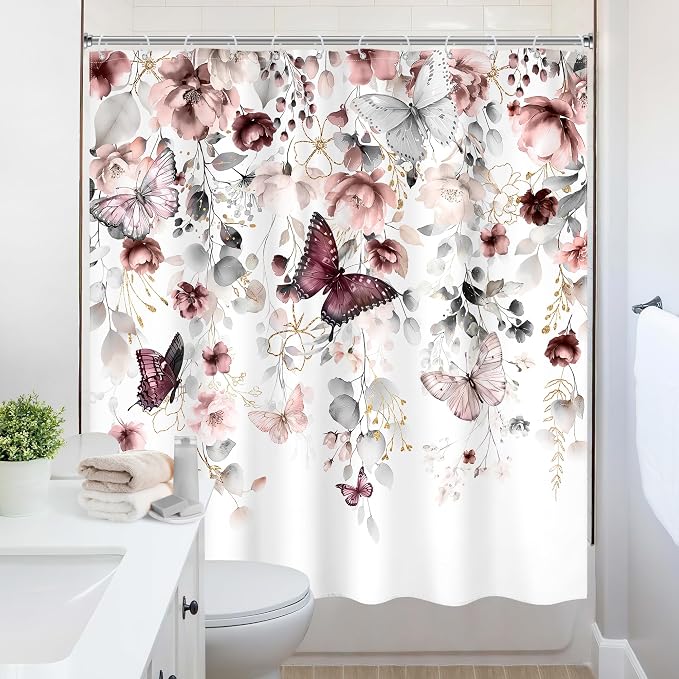 Grey Pink Floral Butterfly Spring Summer Bathroom Shower Curtain Set | 72"W x 72"L Plant Natural design with waterproof HD artwork, quick-dry fabric and hooks for easy hanging.