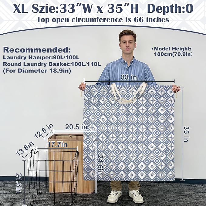Canvas Laundry Bag with Handles & Drawstring, XL 33"Wx 35"H,Geometry Blue | Extra Large Heavy Duty Washable Basket Liner Hamper Liner Replacement, Thick Canvas Storage Sack, 1Pack