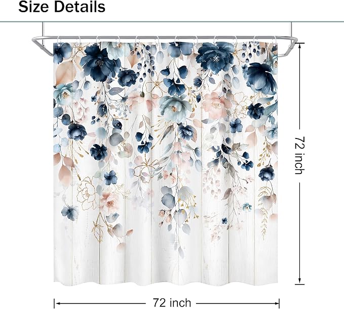 Rustic Floral Spring Summer Blue Pink Bathroom Shower Curtain Set | 72"W x 72"L Flower Wildflower look, waterproof HD printed shower curtain, quick-dry fabric and free hooks.