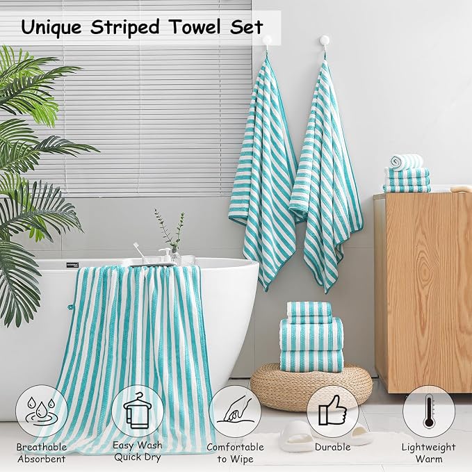 8 Pcs Turquoise Large Cabana Stripe Bath Towel Set Oversized Jumbo Towels | 2 Extra Large Bath Sheets,2 Hand Towels,4 Washcloths for Bathroom Soft Highly Absorbent Towels for Beach Chair Hotel