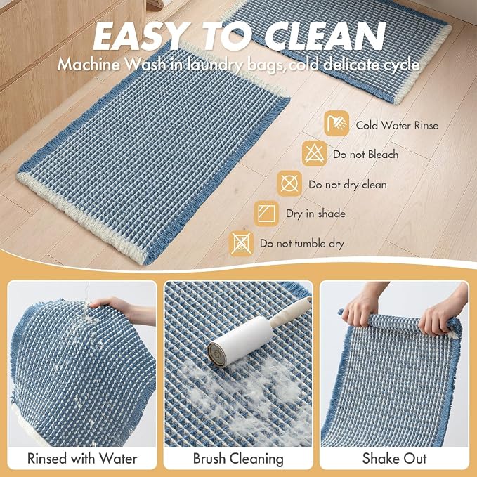 MIULEE Set of 2 Waffle Bathroom Rugs Blue&Cream Bath Mat 17"x24"+18"x30" | Non Slip, Super Absorbent, Washable, Ultra Soft, Rubber Backed, Small Boho Bath Rugs for Bathroom Floor Tub Shower
