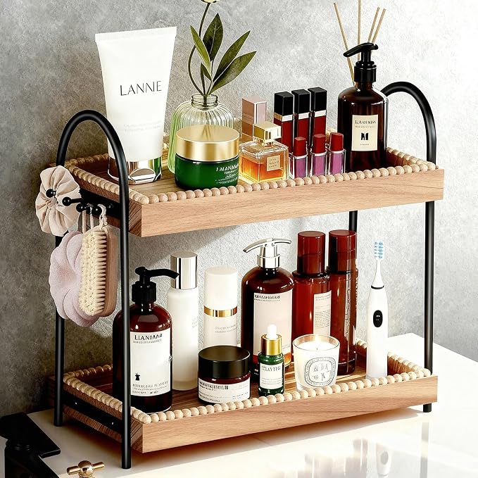 Bathroom Organizer Countertop Tall 2-Tier Waterproof 20+ Bottles 8 Hooks | Tall design for family bathroom/vanity, fits tall perfume/skincare, paulownia wood shelf, 8 hooks keep jewelry tidy, non-slip