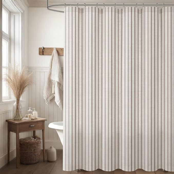 Farmhouse Striped Shower Curtain Taupe Vintage Linen Curtain 72"W X 72"L | Striped Shower Curtains with Linen Texture for Bathroom Decor