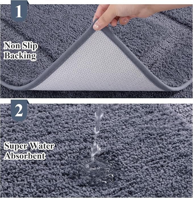 SHACOS Soft Microfiber Bathroom Rugs Set of 2 Pieces, Dark Grey | 47x20 + 32x20, Absorbent Plush Bath Rugs, Non Slip Washable Shaggy Bath Mats, Fluffy Bathroom Runner Floor Mats Shower Rug