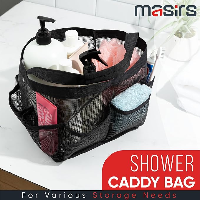 Masirs Shower Caddy Mesh - 9 Pocket Portable Bathroom Organizer Tote for Travel, Gym & Dorm - Collapsible Small Shower Caddy Bag to Hold Toiletries & Essentials (Black)