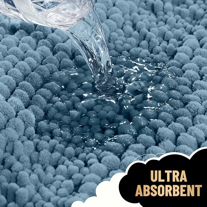 OLANLY Thick Large Bathroom Rugs 50x30, Soft Chenille Bath Rugs, Airy Blue | Absorbent Striped, Rubber Backing, Machine Wash Dry, Bath Mats for Bathroom Floor, Tub and Shower, Home Decor Accessories