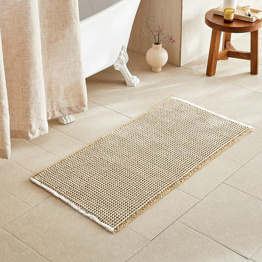 TYUU Waffle Bath Mat, Boho Bathroom Rugs Non Slip Washable Super Absorbent Quick Dry Bath Mat Farmhouse Bathroom Decor, 48"x24" Khaki and White