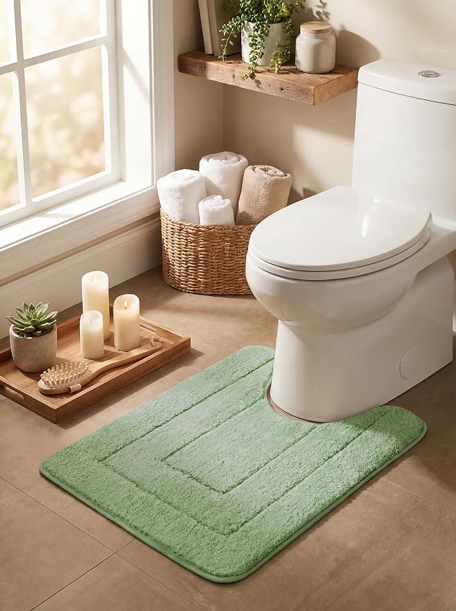 GRANNY SAYS Sage Green U Shaped Toilet Rug 20" x 24", Non-Slip Bath Mat | Soft microfiber, TPR backing, absorbs water quickly, machine washable, fits around most standard toilet bases