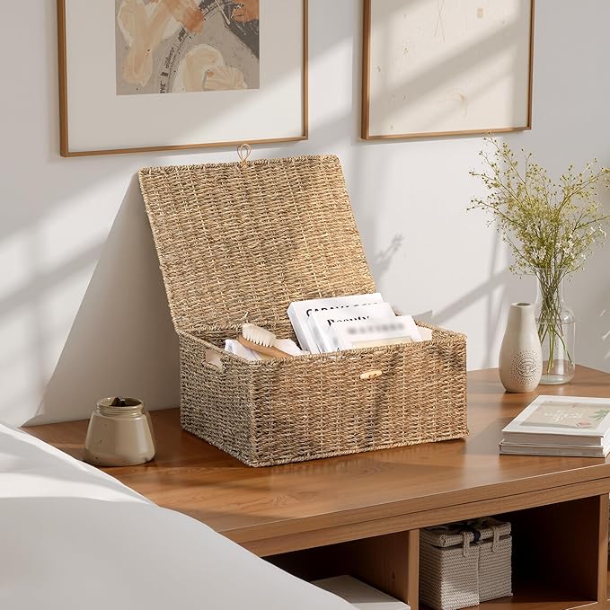 StorageWorks Wicker Storage Baskets for Shelves, Large Basket with Lid | Woven Baskets with Lids for Shelves, Wicker Storage Baskets with Lids, Decorative Box, Lidded Baskets for Organizing, 1 Pack