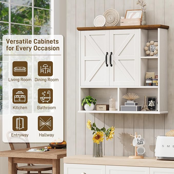 Bathroom Wall Cabinet, Farmhouse Medicine Cabinet with Doors, White & Brown | Over The Toilet Storage Cabinet with Double Barn Door and Adjustable Wood Shelf for Wall Mounted for Bathroom Laundry Kitchen